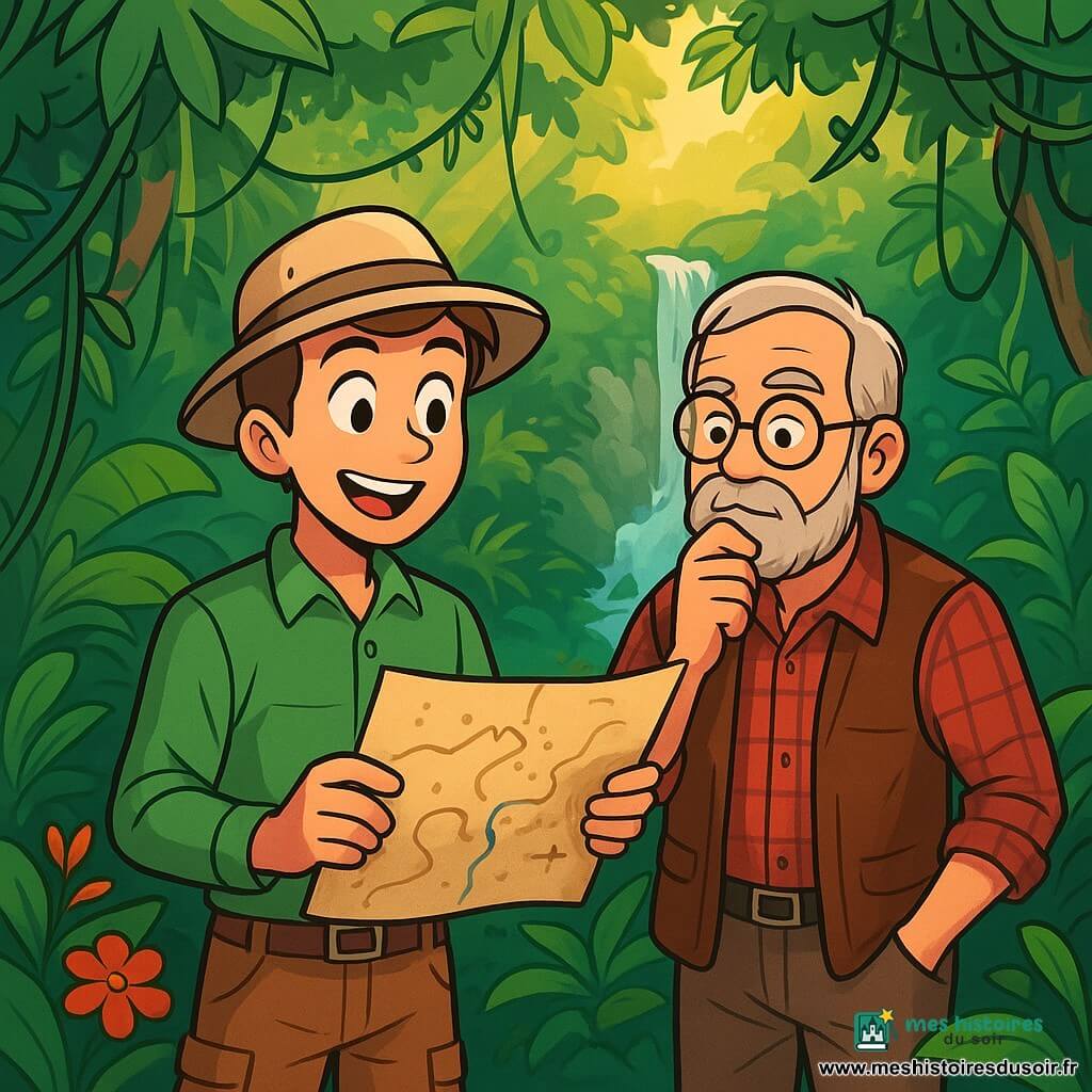 Un homme courageux, Paul, se tient au centre de la jungle, avec un regard déterminé. Il porte un chapeau d'explorateur beige, une chemise verte et un pantalon cargo marron, tenant une carte de la jungle. À ses côtés, le professeur Maxime, un homme âgé d'environ 60 ans avec des lunettes rondes et une barbe grise, observe la carte pensivement, vêtu d'une chemise à carreaux rouge et d'un gilet en cuir. La jungle est dense, avec de grandes feuilles, des lianes et des fleurs colorées. En arrière-plan, une cascade scintillante crée un bruit apaisant. Paul et le professeur Maxime explorent pour sauver le jaguar doré, éclairés par les rayons de soleil filtrant à travers le feuillage.