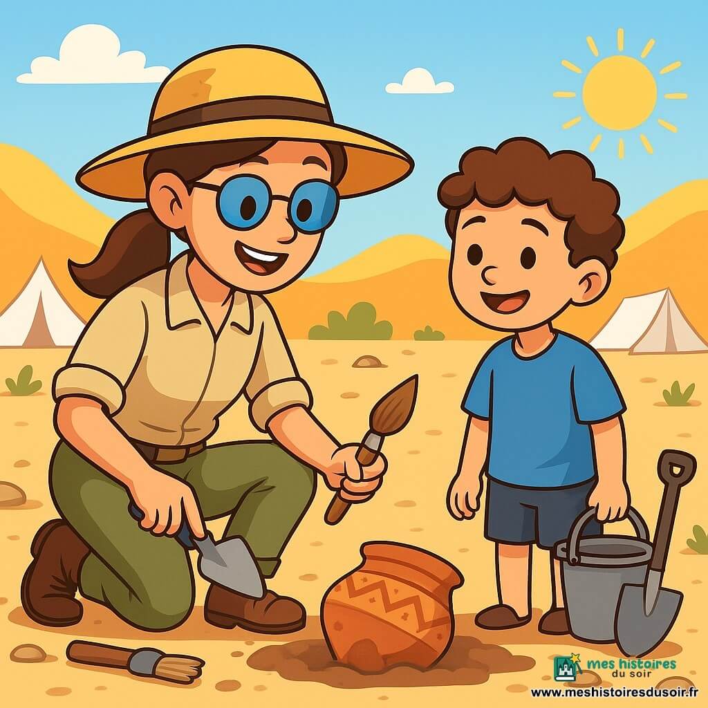 Une archéologue nommée Lila est agenouillée sur un sol poussiéreux, portant un grand chapeau de paille et des lunettes de soleil. Elle a les cheveux bruns en queue de cheval et un sourire émerveillé, tenant une truelle dans une main et un pinceau dans l'autre, examinant une tuile ancienne. À ses côtés, un jeune garçon de 10 ans, son assistant aux cheveux bouclés, porte un t-shirt bleu et un short, tenant un seau et la regardant avec admiration. Le lieu est un plateau désertique avec des collines dorées, des pierres et des petites plantes vertes, des tentes blanches et des outils d'archéologie éparpillés. Lila découvre un ancien morceau de poterie, entourée de son équipe concentrée, tandis que le soleil brille, créant une ambiance de découverte.