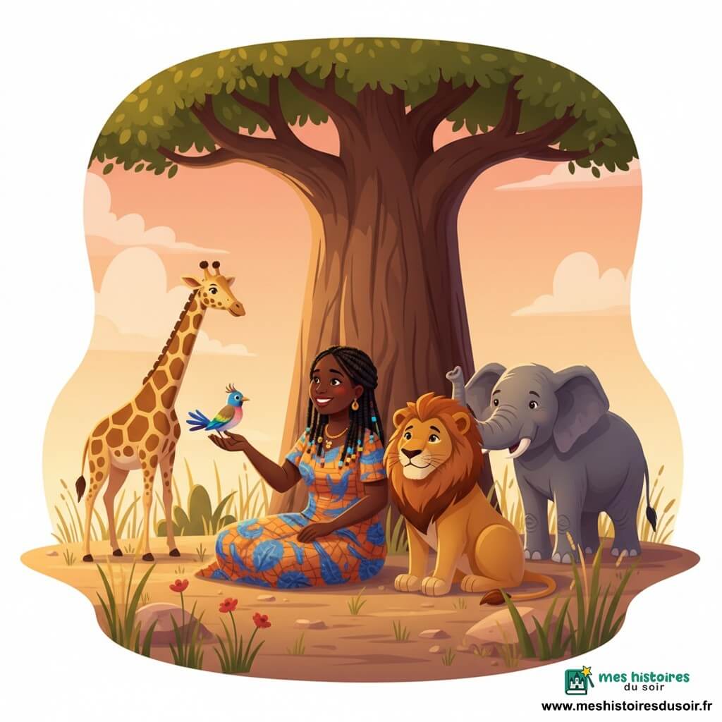 Amina, femme souriante aux tresses noires perlées, en robe wax orange et bleue, assise sous un grand baobab tend la main vers les animaux : un petit oiseau irisé sur son épaule, un lion au pelage doré et crinière cuivrée à sa droite, une girafe tachetée en arrière à gauche et un éléphant gris derrière le lion; sol sec aux herbes jaunes, fleurs rouges et rochers ocres, lumière chaude du coucher de soleil orange-rose, atmosphère harmonieuse et magique, style enfantin aux formes rondes et palette chaude.