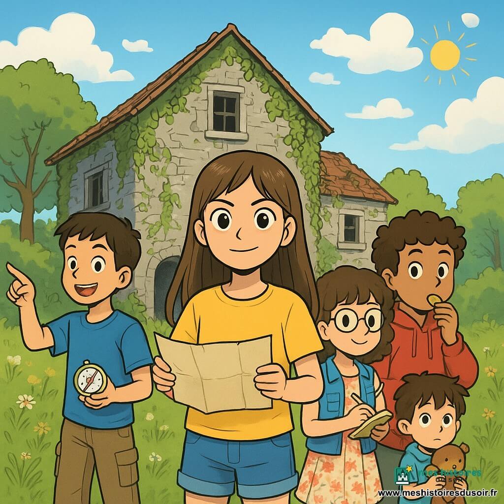 Cinq enfants se tiennent devant une vieille maison abandonnée, couverte de lierre. Arije, 10 ans, au centre, tient une carte avec détermination. Rayhana, 9 ans, dessine en retrait. Idriss, 11 ans, à gauche, pointe vers la maison avec une boussole. Mahdi, 10 ans, à droite, grignote un biscuit. Ahmed, 6 ans, regarde la maison émerveillé. Le ciel est bleu avec des nuages blancs et le soleil brille. Les enfants affichent des expressions d'excitation, prêts à explorer.