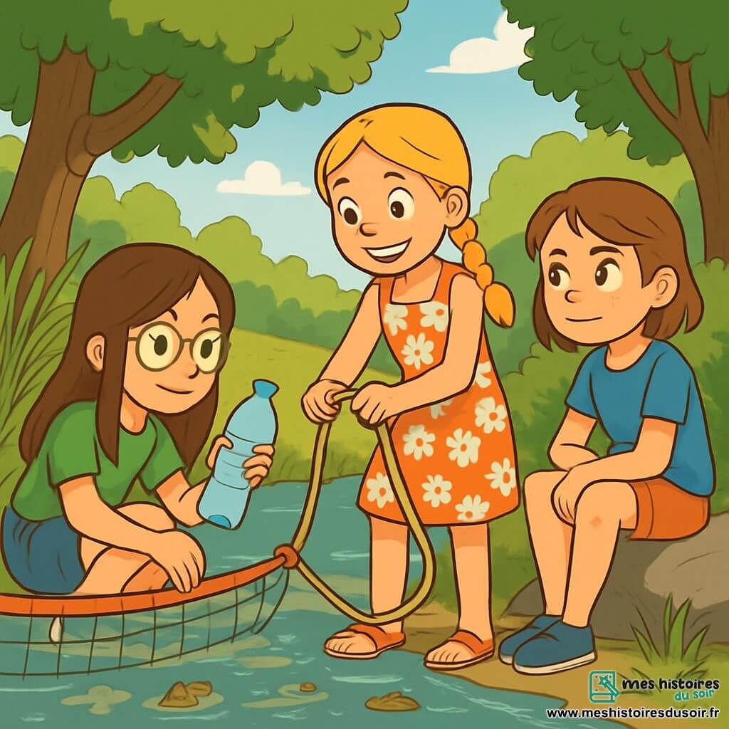 Trois personnages sont présents : Alice, 10 ans, avec de longs cheveux bruns et des lunettes rondes, accroupie près de la rivière avec une bouteille en plastique ; Léa, 11 ans, avec des cheveux blonds tressés, debout en train de nouer une corde pour un filet flottant ; et Sarah, 10 ans, avec des cheveux châtains et des taches de rousseur, assise sur un rocher, observant ses amies. L'action se déroule au bord d'une rivière entourée de verdure, où les amies travaillent ensemble pour installer un filet flottant afin de capturer les déchets, montrant leur concentration et leur enthousiasme pour protéger leur environnement.