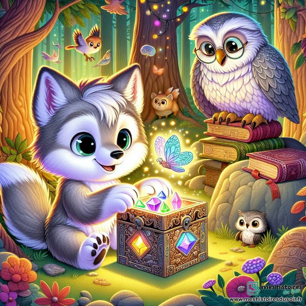 Au centre de l'image, un petit loup nommé Lumi, avec une fourrure douce et grisâtre, regarde avec des yeux brillants. Il est assis sur une pierre, tenant une boîte magique en métal et pierres précieuses, curieux et émerveillé. À côté de lui, un vieux hibou sage, Grand-Œil, avec des plumes blanches et grises et des lunettes rondes, l'observe avec un sourire. En arrière-plan, la forêt chantante présente des arbres colorés et des feuilles vibrantes, tandis que des fleurs lumineuses et des animaux ajoutent de la vie à la scène. Lumi découvre le Modulomag, une boîte magique, tandis que Grand-Œil lui explique son pouvoir, créant une atmosphère d'aventure et de mystère.