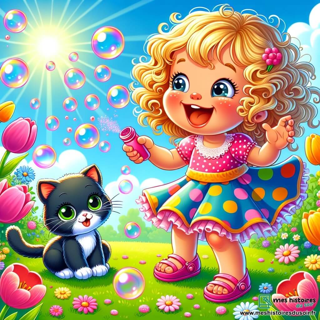 Zozo, une petite fille aux cheveux bouclés et dorés, est debout dans un jardin ensoleillé, rayonnante de joie. Elle porte une robe à pois colorés et des sandales roses, éternuant avec un grand sourire, laissant échapper des bulles roses qui flottent autour d'elle. Son chat noir aux yeux verts, surpris, regarde les bulles avec curiosité, assis sur l'herbe. En arrière-plan, des fleurs éclatantes de couleurs vives dansent sous la brise légère. La scène montre Zozo riant alors que des bulles s'échappent de son nez, créant une atmosphère joyeuse et ludique.