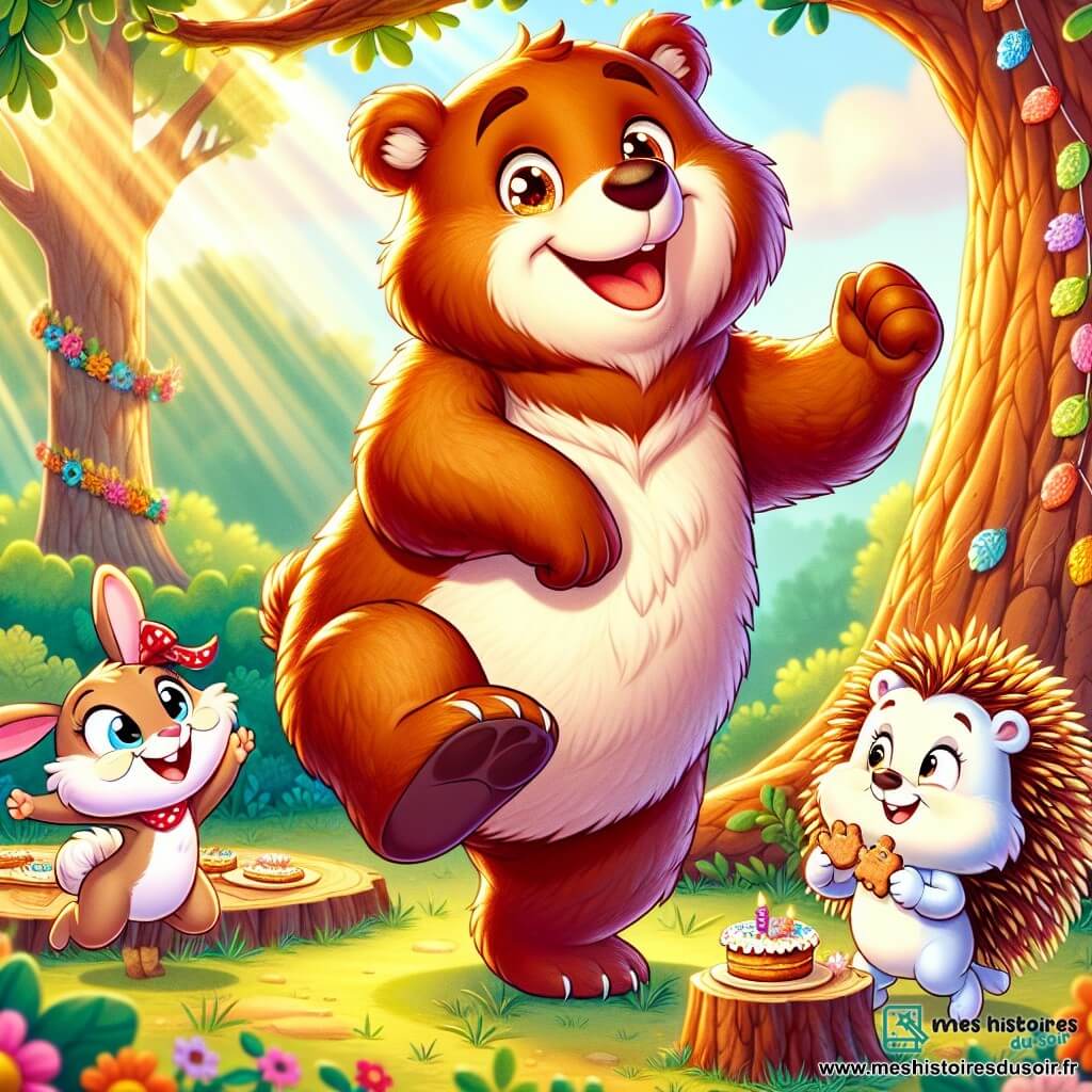 Un ourson nommé Grizzou, avec une fourrure brune et des yeux pétillants, danse sous un grand chêne, souriant. Il porte un foulard rouge. À côté, Lili la lapine, avec son pelage blanc et de grandes oreilles, saute de joie en accrochant une guirlande de fleurs. Max le hérisson, timide, prépare des biscuits en forme d'ours sur une petite table. La scène se déroule dans une forêt enchantée, illuminée par le soleil, où les amis se réunissent pour célébrer la fête des pères. Grizzou et ses amis organisent une fête surprise, dansant et riant ensemble, entourés de décorations colorées.