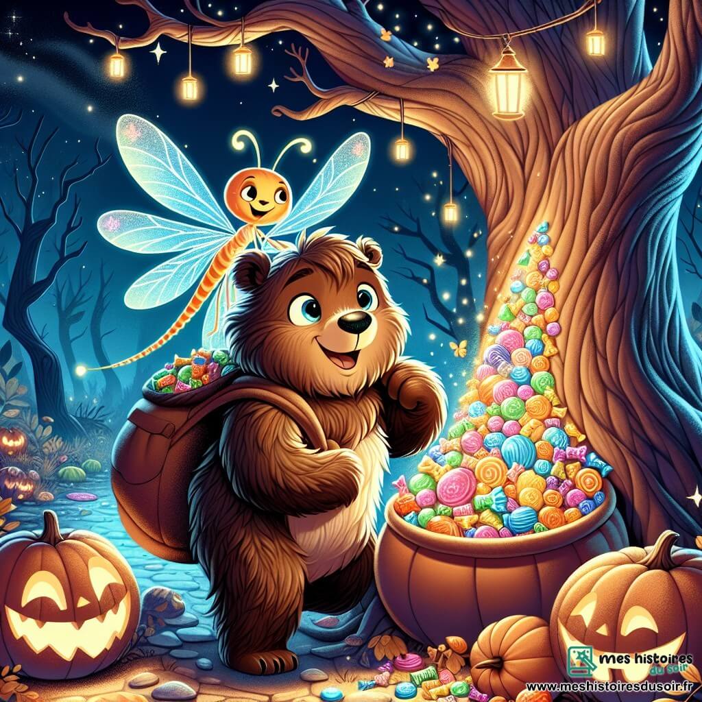 Barnabé, un ours brun au pelage ébouriffé et au sourire espiègle, se tient au centre de la scène, les yeux pétillants d'excitation alors qu'il remplit un grand sac à dos de bonbons colorés sous un arbre majestueux chargé de sucreries scintillantes. À ses côtés, Lumi, une luciole brillante, vole joyeusement autour de lui, illuminant la scène de sa lumière douce. En arrière-plan, la forêt enchantée s'étend, avec des arbres noueux et des feuilles dorées, tandis que des citrouilles souriantes éclairent le chemin, créant une atmosphère magique et festive. Barnabé, ravi et déterminé, récolte des bonbons dans l'Arbre aux Bonbons, entouré d'une ambiance d'Halloween joyeuse et mystérieuse.