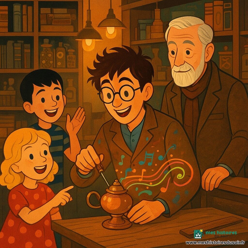 Timothée, jeune et émerveillé, cheveux châtain foncé en bataille et lunettes rondes, veste d’atelier tachée de peinture, tient une petite lampe en cuivre qui diffuse des notes musicales visibles comme éclats colorés ; penché sur son prototype, il tourne un tournevis en souriant. À droite, Louis, environ 70 ans, barbe blanche courte, veste en tweed et écharpe, observe avec bienveillance, une main posée sur le banc de travail. À l’avant-plan gauche, une fillette blonde aux boucles, environ 7 ans, en robe à pois, pointe la lampe, bouche ouverte de joie ; derrière elle, un garçon d’environ 9 ans, cheveux noirs courts et t-shirt rayé, applaudit. L’atelier chaleureux et encombré présente grandes tables en bois patiné, étagères remplis de livres et bocaux de vis et rouages en laiton, ampoules à filament suspendues, plans accrochés et sol en carrelage ancien avec tapis usé. Scène conviviale : la lampe n’éclaire pas mais émet une douce mélodie visible en volutes colorées, atmosphère d’entraide, lumières dorées et textures de cuivre et bois, expressions de curiosité et fierté partagée.