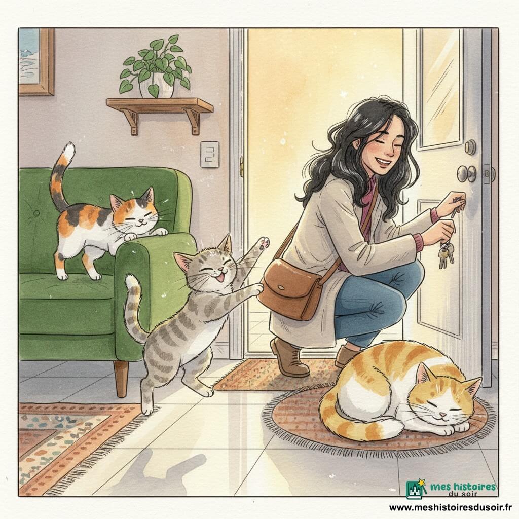 Bijou, chatte femelle gris clair tigré avec petite tâche blanche au poitrail, yeux verts brillants et queue dressée, bondit sur ses pattes arrière pour sauter sur les genoux de sa « Maman » tandis que Gaïa, chatte tricolore espiègle, se cache partiellement derrière le canapé et Nounousss, gros matou jaune et blanc, somnole sur le paillasson; la Maman d'environ 35 ans, cheveux noirs en désordre, manteau léger et sac en bandoulière, ouvre la porte souriante, clés en main, dans une entrée chaleureuse au carrelage clair, tapis à motifs, canapé en velours vert, petite plante et lumière du soir dorée — moment d’accueil tendre et animé, ambiance pastel chaude avec textures marquées et reflets soulignés.