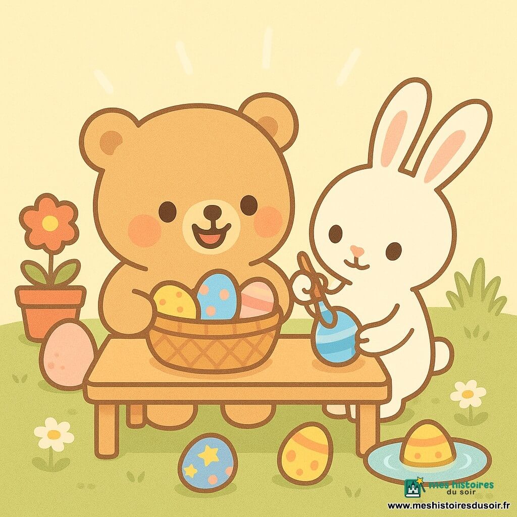 Un petit ours en peluche Léo, corpulent et caramel, souriant, tient un panier d’œufs colorés tandis qu’une fine lapine blanche Lila aux longues oreilles roses peint un œuf bleu à côté de lui ; en arrière-plan un œuf rose est à moitié caché derrière un pot de fleurs rouge et un autre flotte dans une petite bassine d’eau, le jardin est simple et lumineux avec pelouse, marguerites et pots colorés sous un ciel pastel jaune, la scène montre une chasse aux œufs calme et joyeuse avec motifs simples (étoiles, points, bandes), gestes doux, composition centrée, formes arrondies, couleurs pastel contrastées, lumière matinale douce, rendu plat et épuré, contours nets et peu d’éléments pour tout-petits.