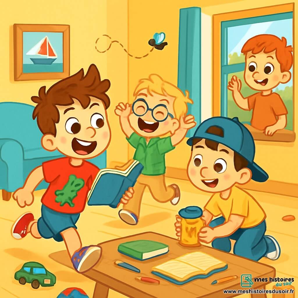 Quatre enfants sont en train de chasser une mouche dans un salon coloré. Édouard, 6 ans, a des cheveux bruns en bataille et porte un t-shirt rouge avec un dinosaure. Léo, également 6 ans, a des cheveux blonds et des lunettes rondes, vêtu d'une chemise à carreaux verts. Max, avec des cheveux noirs et une casquette bleue, est accroupi avec un pot de miel. Hugo, aux cheveux roux et taches de rousseur, observe la mouche près de la fenêtre. Le salon est chaleureux, avec des murs jaunes et des meubles en bois clair, rempli de livres et de jouets. Les enfants rient et courent, créant une ambiance joyeuse.