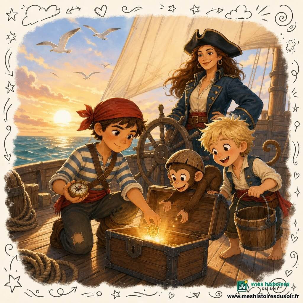 Milo, un garçon pirate d'environ 10 ans, déterminé et calme, pose la dernière pièce brillante dans un coffre en bois qui émet une lueur douce sur le pont usé du petit navire L'Étoile Salée au coucher du soleil; la capitaine Brune, grande et rassurante en tricorne noir et manteau bleu, sourit près du gouvernail, Nino, un garçon d'environ 8 ans, malicieux, tient un seau à côté du coffre pendant qu'un petit singe coiffé d'une demi-noix de coco tend la patte, l'équipage regarde avec confiance dans une ambiance aventureuse, chaleureuse et sécurisante.