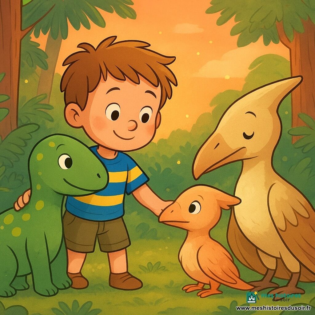 Lucas, 4 ans, cheveux châtain clair en bataille, t-shirt rayé bleu et jaune et short kaki, tend la main vers un petit ptérodactyle pêche blotti contre sa maman à droite; à gauche, Dino, grand et rond, peau verte à pois jaunes, baisse la tête pour que Lucas monte sur son dos; la maman ptérodactyle, plus grande, plumes crème et brun clair, a le regard soulagé; forêt préhistorique lumineuse avec fougères géantes, troncs larges, pierres moussues et clairière baignée d'un soleil couchant orange-rosé, petites lucioles flottantes; scène chaleureuse et émotive de réunion mère-petit, composition simple et lisible, couleurs vives et contrastées, lignes douces, style enfantin et arrière-plan dégagé.