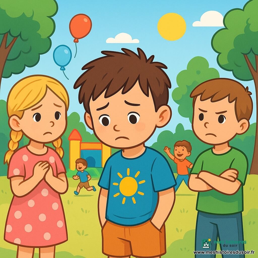Max, un garçon de 6 ans aux cheveux bruns en bataille et portant un t-shirt bleu avec un soleil, se tient au centre de l'image avec un air de tristesse. À côté de lui, Lila, une fille de 6 ans aux cheveux blonds tressés et en robe rose à pois, le regarde avec compassion. Tom, un autre garçon de 6 ans aux cheveux châtains et en t-shirt vert, se tient en retrait avec une expression déterminée. La scène se déroule dans une cour d'école ensoleillée, entourée d'arbres et de ballons colorés, où des enfants jouent. Max, un peu à l'écart, subit les moqueries d'enfants plus grands, tandis que Lila et Tom tentent de le réconforter, soulignant l'importance de l'amitié.