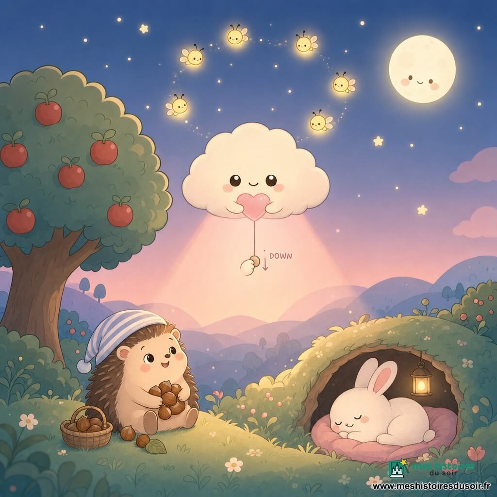 Un petit nuage rond et duveteux blanc crème, aux grands yeux et petit sourire, serre contre lui un cœur rose lumineux qu'il atténue en tournant un petit bouton invisible ; à sa gauche, un hérisson rond brun clair au chapeau rayé tient des noisettes et sourit soulagé, à sa droite un lapin blanc aux grandes oreilles dort apaisé dans un terrier sous le halo doux, des lucioles jaunes miniatures volent en cercle au‑dessus ; le tout dans un verger nocturne pastel (pommier aux pommes rouges, herbe moelleuse, collines en peluche, ciel rose‑bleu avec quelques étoiles rondes et une lune souriante) — scène calme, tendre et légèrement drôle où le nuage crée un halo chaud et rassurant enveloppant les animaux et les lucioles.