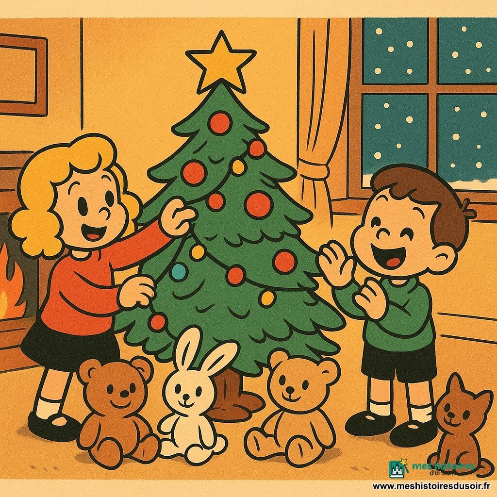 Léa, une fillette de 5 ans avec des cheveux blonds bouclés et un pull rouge, accroche une guirlande colorée sur le sapin de Noël à gauche. Milo, un garçon de 3 ans avec des cheveux bruns courts et un pull vert, applaudit joyeusement à droite du sapin. Le salon est chaleureux avec un grand sapin décoré de boules rouges et d'une étoile dorée au sommet, illuminé par des lumières scintillantes. Par la grande fenêtre, on voit la neige tomber doucement. Léa et Milo décorent ensemble le sapin, entourés de peluches souriantes, leurs visages illuminés de joie et d'émerveillement, capturant l'esprit festif de Noël.