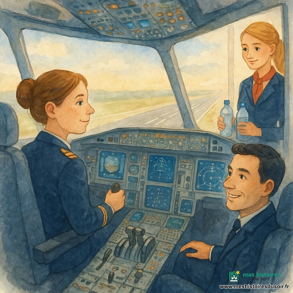 Femme pilote d'une trentaine d'années, visage rond, cheveux châtain en chignon, regard concentré et serein, léger sourire, veste d'uniforme bleu marine à épaulettes dorées, mains sur le manche pendant le décollage ; copilote Max, cheveux noirs courts, expression confiante et complice, siège de droite, regarde les instruments et sourit à la pilote ; cheffe de cabine Anna, blonde en queue de cheval, tenue soignée, debout à l'entrée du cockpit avec deux bouteilles d'eau, regard bienveillant ; intérieur du cockpit détaillé avec panneaux lumineux, écrans modernes, leviers métalliques et grandes vitres courbes montrant le ciel ; scène de décollage avec piste qui défile, nuages doux et lumière dorée du matin, impression de montée ; palette aquarelle douce (bleus, ors, gris clairs), lavis légers et texture papier visibles, composition centrée sur la pilote regardant l'horizon, ambiance technique et chaleureuse, style enfantin mais réaliste.