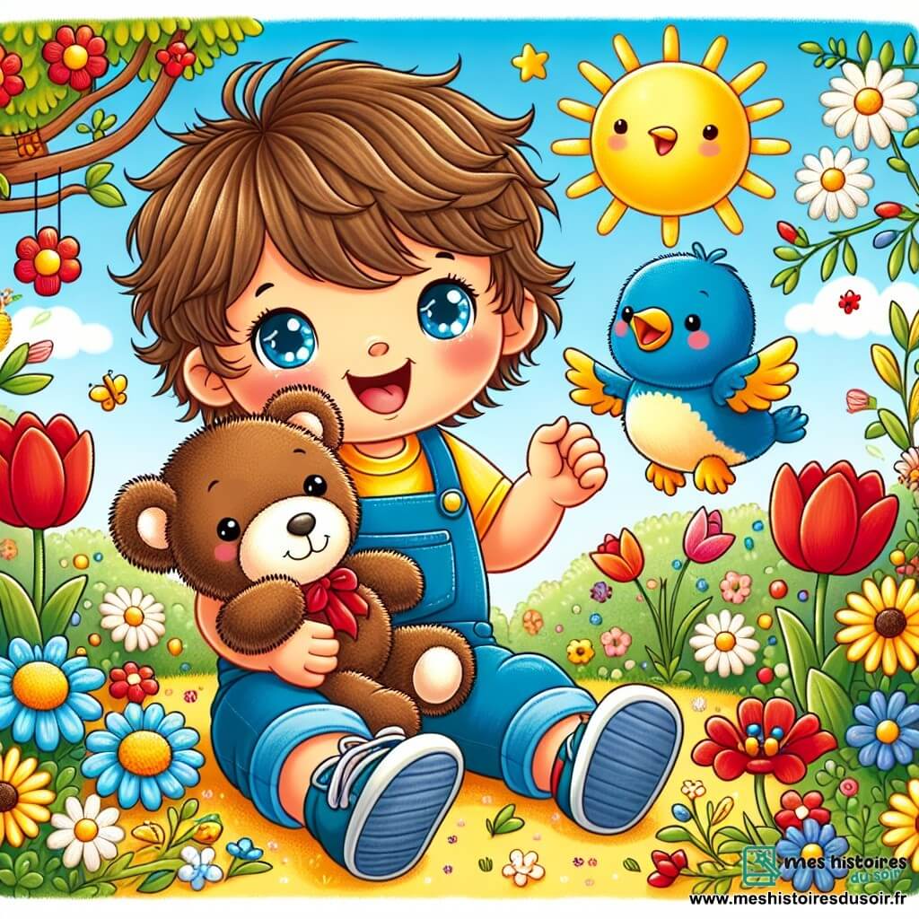 Un petit garçon de 1 an, avec des cheveux bruns en désordre et de grands yeux pétillants, est assis dans un jardin ensoleillé. Il porte une salopette bleue et un t-shirt jaune, souriant joyeusement en tenant son ours en peluche, Nino, qui a un nœud rouge. Un petit oiseau bleu chante sur une branche, ajoutant une touche de magie. Le jardin est rempli de fleurs colorées qui dansent sous la brise, et un grand soleil brille dans un ciel bleu clair. Léo et Nino dansent autour des fleurs, célébrant l'amitié et la beauté de la nature.