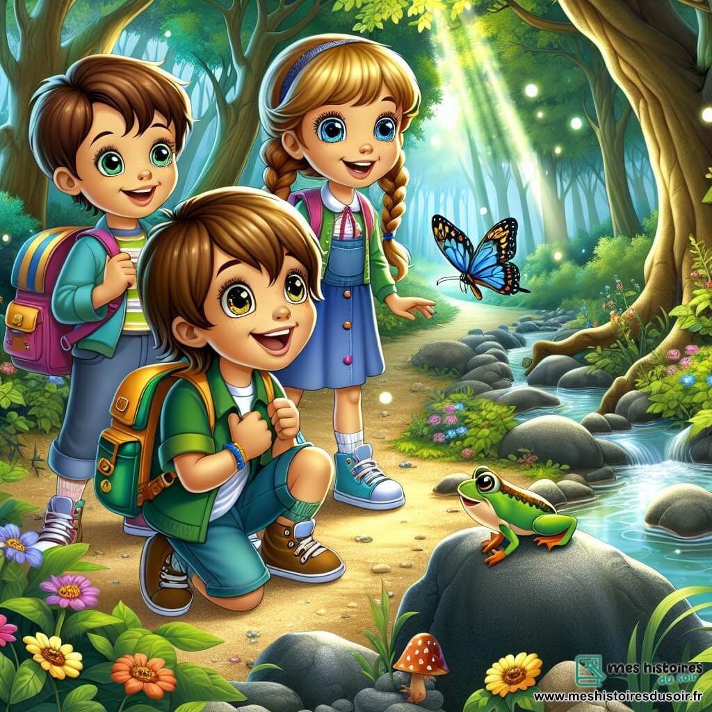 Dans une forêt enchantée, trois amis, Léon, Lisa et Max, profitent d'un moment ensemble. Léon, 8 ans, sourit avec son sac à dos coloré. Lisa, 7 ans, admire un papillon bleu et jaune, tandis que Max, également 8 ans, observe des grenouilles près d'un ruisseau. La forêt est luxuriante, avec de grands arbres et des fleurs colorées, et un ruisseau ajoute à la magie du lieu. Ils font une pause pour déguster des biscuits, riant et partageant des histoires, illustrant la beauté de leur amitié et de l'aventure dans la nature.