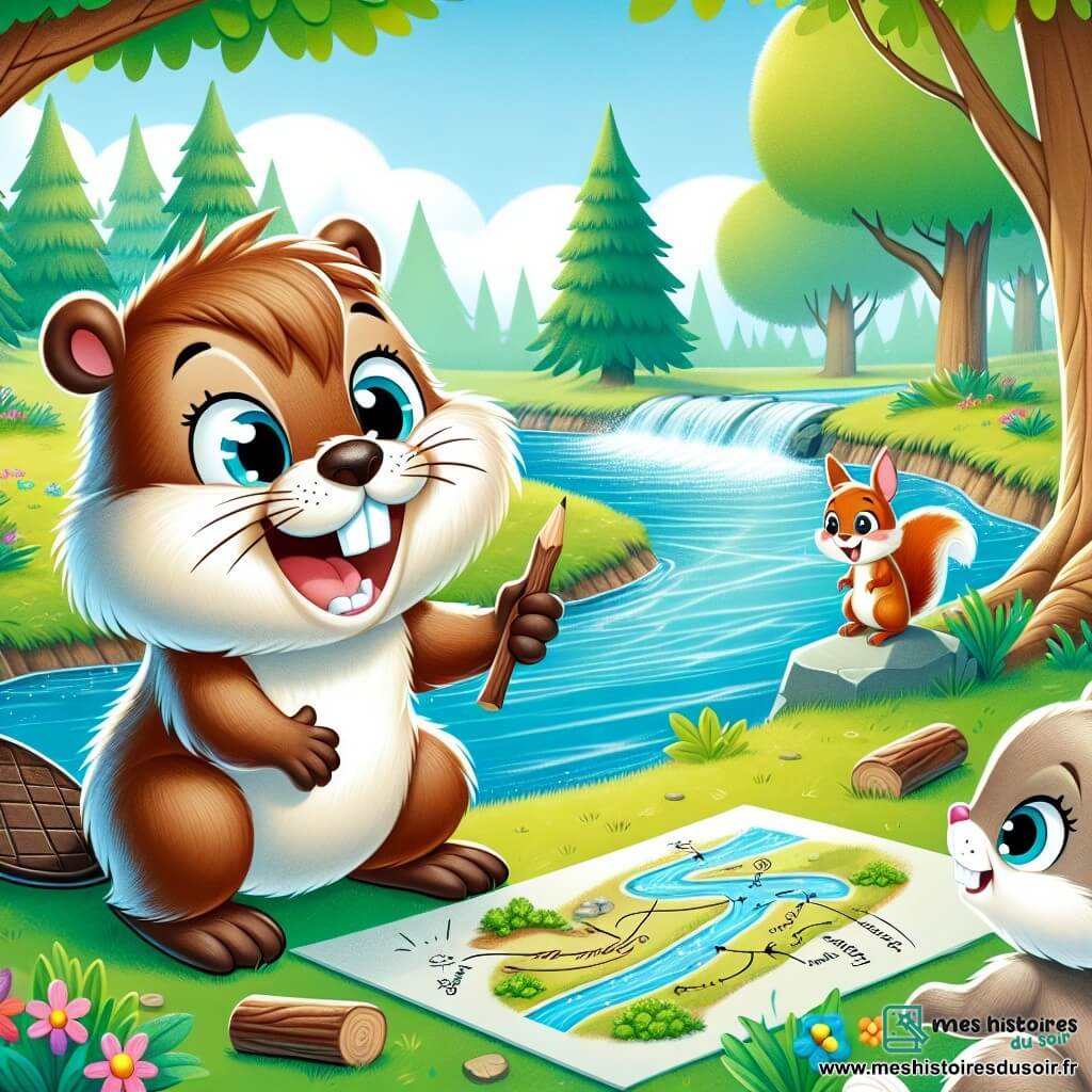 Marcel le castor, un jeune animal aux grandes dents et à la fourrure brune, se tient joyeusement au bord d'un ruisseau, dessinant un schéma dans le sol avec une brindille pour expliquer l'importance des rivières à ses amis. Lila la lapine, avec ses grandes oreilles blanches, l'observe avec admiration, tandis que Théo l'écureuil, perché sur une branche, est prêt à applaudir. La scène se déroule dans une clairière ensoleillée, entourée d'arbres majestueux et de fleurs colorées, où Marcel transforme une leçon sur les rivières en une aventure captivante, mêlant amitié et apprentissage.