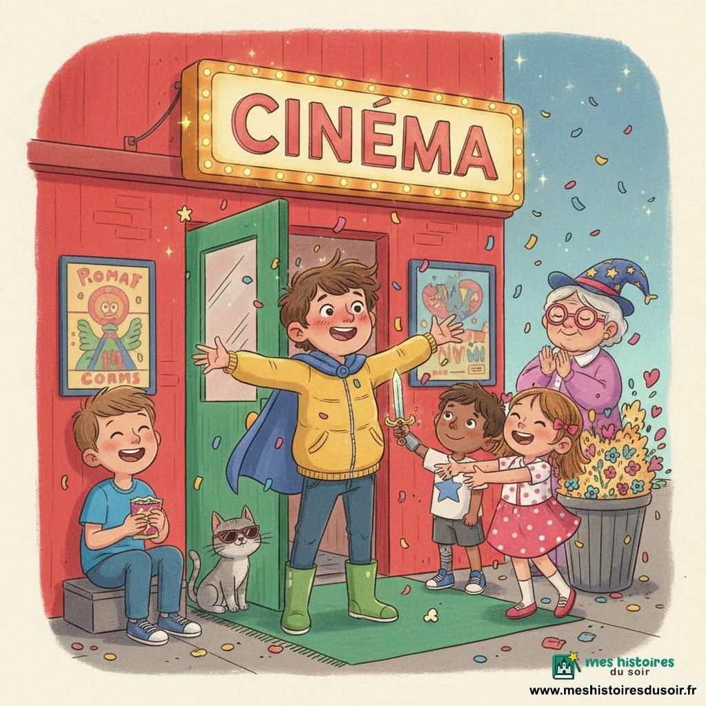 Mathis, garçon souriant et un peu embarrassé, cheveux bruns en bataille, veste jaune, bottes vertes en caoutchouc et cape rayée qui miaule, se tient devant la porte d'un petit cinéma rouge, bras écartés, visage rougi et yeux pétillants ; à sa droite une fillette de 6–7 ans aux rubans roses et robe à pois rit en tendant la main pleine de confettis, à sa gauche un garçon de 8–9 ans en t‑shirt bleu, cheveux courts, assis sur un marchepied en riant et tenant un paquet de bonbons ; derrière eux une mamie souriante de 70 ans, lunettes roses et chapeau étoilé, applaudit doucement ; près de l'entrée un petit garçon de 5–6 ans avec une prothèse de bras imaginée comme une épée magique lève le bras pour l'inviter à jouer ; un chat gris en lunettes de soleil est posé sur le tapis d'entrée, relax et observateur. Devant le cinéma une grande enseigne "CINÉMA" en lettres lumineuses, tapis d'entrée vert, affiche colorée, poubelle à fleurs transformée en explosion de pétales et confettis roses et bleus ; Mathis fait une entrée comique et maladroite, confettis et pop‑corn volent partout, enfants rient, atmosphère joyeuse et chaleureuse au crépuscule avec éclairage doux et petites lumières scintillantes ; style crayons de couleur, traits doux, couleurs vives, textures cireuses, expressions exagérées et lisibles.