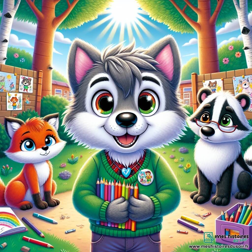Petit Loup, un jeune loup aux yeux pétillants et au pelage gris, se tient au centre de la scène, souriant et tenant un carnet de dessins colorés et de mots d'encouragement. À sa droite, Léa la renarde, avec son pelage roux, observe avec détermination et tient un crayon pour écrire un message de soutien. À gauche, Sami le blaireau, au pelage noir et blanc, fronce les sourcils, tenant un carton de vêtements colorés à offrir aux enfants dans le besoin. La scène se déroule dans la cour de l'école, entourée d'arbres et de dessins d'enfants, créant une ambiance joyeuse. Petit Loup et ses amis organisent une collecte de soutien, unis dans un élan de solidarité pour aider ceux qui en ont besoin.