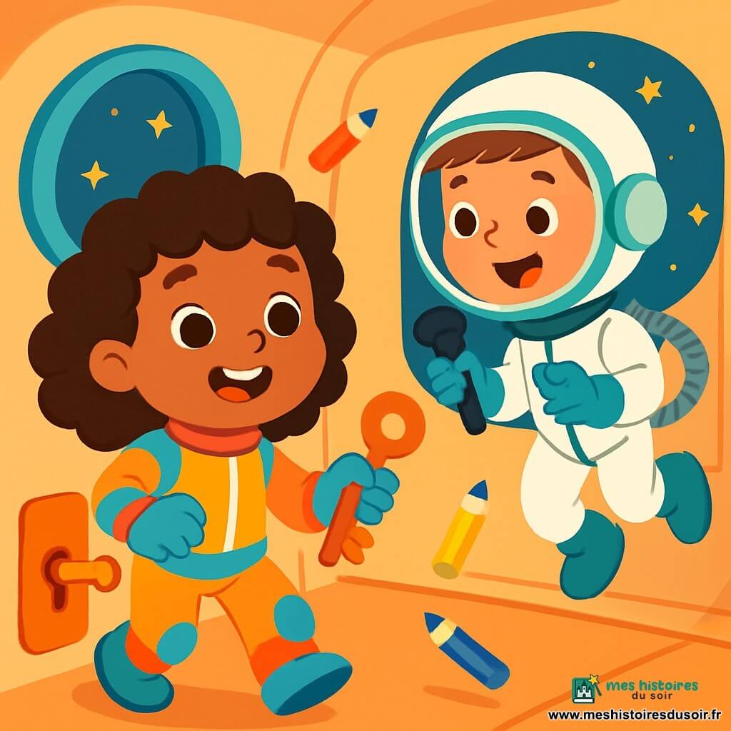 Une jeune astronaute, Capitaine Zoé, a des cheveux bouclés et des yeux pétillants. Elle porte une combinaison spatiale brillante et sourit en tenant une clé orange. À côté d'elle, Sam, un garçon d'environ 8 ans avec des cheveux courts et un casque d'astronaute, flotte dans l'espace, tenant un micro et souriant. La scène se déroule à l'intérieur d'un vaisseau spatial aux murs et fenêtres arrondis, éclairé par des étoiles scintillantes, avec des crayons de couleur flottant autour. Zoé ouvre une trappe avec la clé orange, son visage rayonnant d'excitation, tandis que Sam l'encourage, créant une atmosphère de camaraderie et d'aventure.