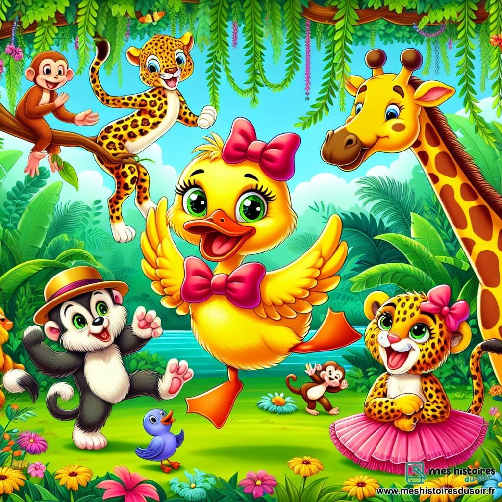 Un canard joyeux au plumage jaune éclatant et nœud papillon rouge saute dans une jungle verdoyante. Son regard pétillant et son large sourire montrent son enthousiasme. À côté, un léopard espiègle en tutu rose fait des pirouettes en riant. Un singe malicieux avec un chapeau melon grimpe à une branche, tandis qu'une girafe élégante avec un grand chapeau de paille se penche pour les observer. La jungle luxuriante est remplie de feuillages verts, de fleurs colorées et de lianes suspendues. Au centre, les amis s'amusent à jouer au cache-cache, entourés de rires et de couleurs vives, créant une atmosphère joyeuse et ludique.