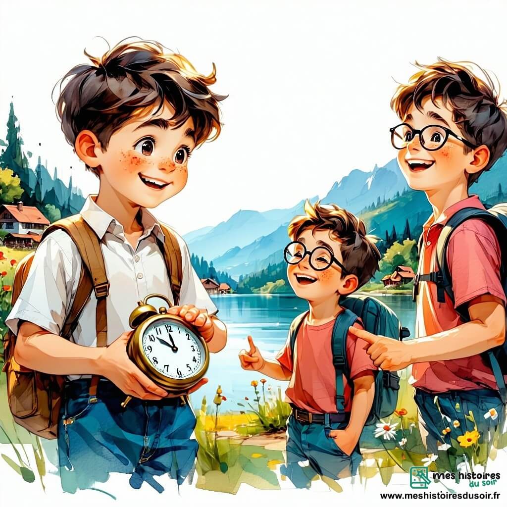 Dans le village coloré de Bonnebulle, quatre garçons de six ans se retrouvent : Théo, avec des cheveux bruns et un sourire éclatant, tient un réveil à moustaches ; Max, avec des lunettes rondes et des taches de rousseur, rit en pointant le lac ; Léo, aux cheveux blonds et aux yeux pétillants, danse sur la berge ; et Hugo, avec des cheveux noirs et une casquette rouge, fait des grimaces devant un miroir à moustaches. Le lac scintille sous le soleil, entouré de fleurs et d'arbres. Les amis dansent et rient ensemble, le réveil et le miroir ajoutant à l'ambiance joyeuse.