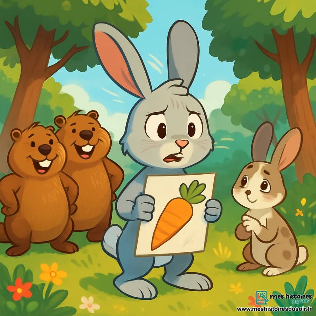 Léo, un jeune lapin gris clair aux grandes oreilles et aux yeux curieux, se tient au centre d'une clairière ensoleillée, nerveux mais déterminé, tenant un dessin de carotte géante. À ses côtés, des castors souriants l'encouragent, tandis qu'une petite lapine l'observe avec admiration et inquiétude. La lumière du soleil filtre à travers les arbres, créant une ambiance de tension alors que Léo se prépare à avouer son mensonge sur la carotte géante.