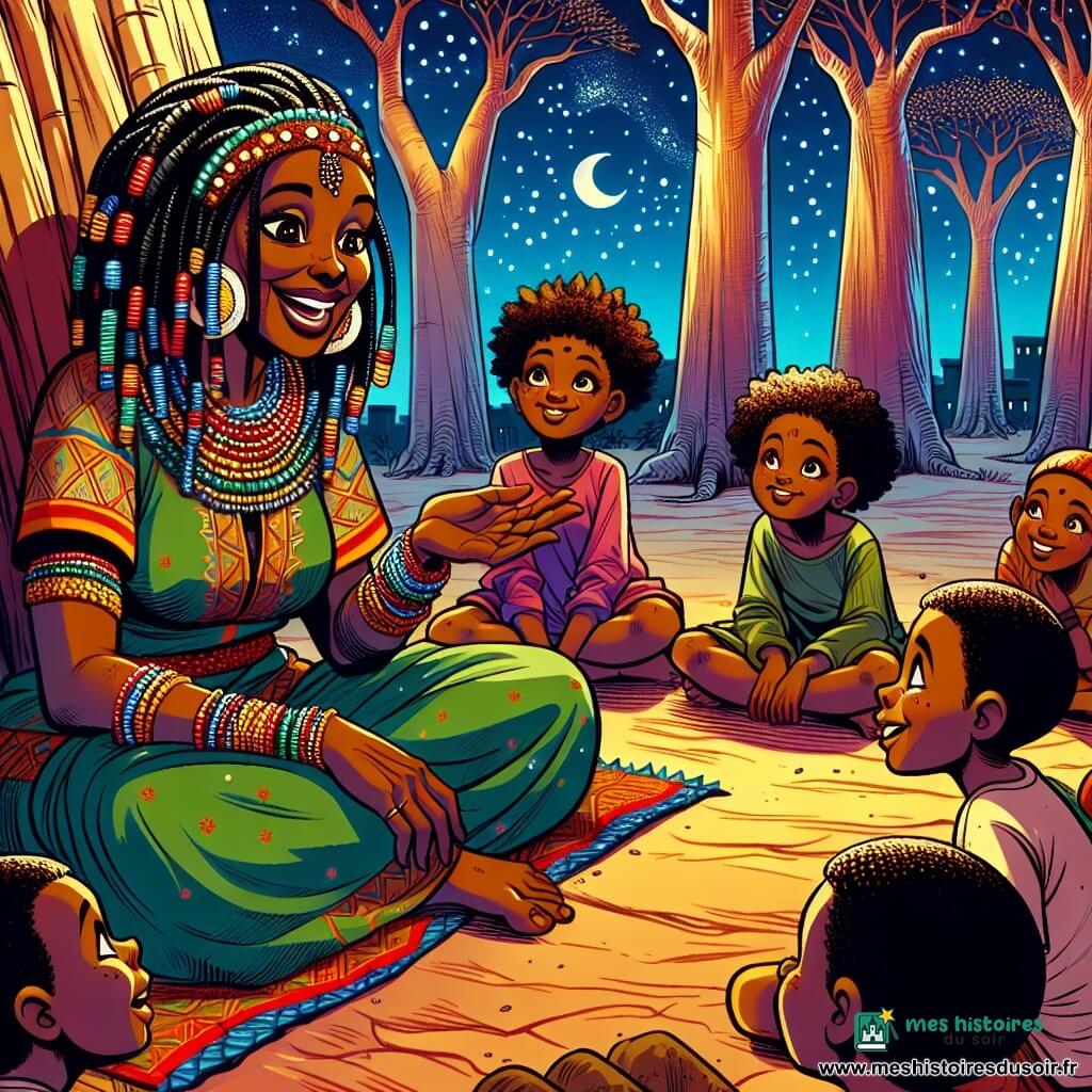 Adama, femme sage d'une cinquantaine d'années, a la peau brun chaleureux et des cheveux noirs tressés ornés de perles colorées. Elle sourit avec bienveillance, ses yeux pétillants de sagesse et de joie, tout en racontant une histoire captivante aux enfants rassemblés autour d'elle. Parmi eux, Amina, dix ans, aux cheveux bouclés et yeux curieux, écoute attentivement, tandis que Malik, huit ans, au sourire espiègle et aux taches de rousseur, est captivé par le récit. La scène se déroule sur une terrasse en terre battue, entourée de baobabs majestueux, sous un ciel étoilé. Adama raconte l'histoire de Sanou, le guérisseur des arbres, alors qu'un léger vent fait frémir les feuilles, ajoutant mystère à la narration. Les enfants, émerveillés, imaginent déjà les aventures de Sanou dans la forêt enchantée.