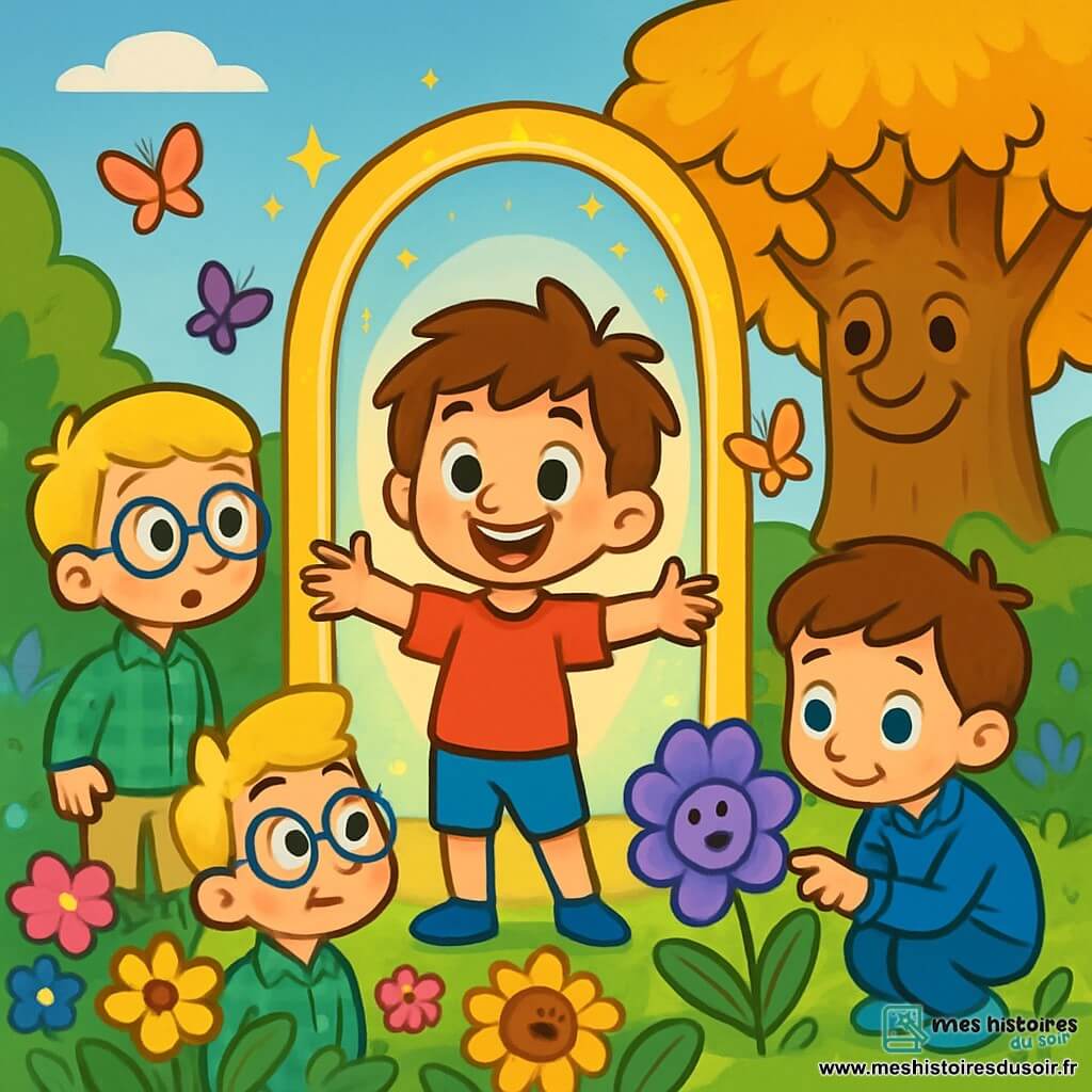Il y a trois personnages : Léo, un garçon de 7 ans aux cheveux bruns en bataille et aux yeux pétillants, portant un t-shirt rouge et un short bleu, souriant devant un portail magique ; Max, un garçon de 6 ans avec des cheveux blonds et des lunettes rondes, vêtu d'une chemise à carreaux verte et d'un pantalon beige, observant le jardin enchanté avec émerveillement ; et Tom, un garçon de 7 ans aux cheveux châtains, en sweat-shirt bleu et jean, accroupi près du portail en touchant une fleur colorée. L'histoire se déroule dans un jardin enchanté rempli de fleurs vives et d'arbres majestueux. Les garçons découvrent le jardin magique : Léo s'approche du portail, Max admire les fleurs qui parlent, et Tom touche une fleur, tandis qu'un grand chêne souriant les observe.