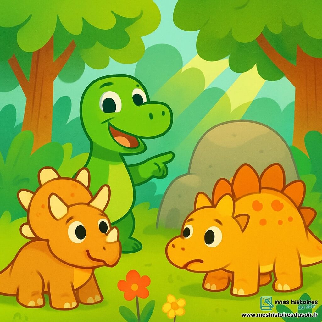 Un jeune Tyrannosaure Rex nommé Tino, avec une peau verte et des yeux curieux, se tient debout sur ses pattes arrière avec un grand sourire. À côté de lui, son ami Rex, un tricératops beige aux cornes majestueuses, regarde avec enthousiasme. En arrière-plan, une forêt luxuriante avec des arbres géants et des fleurs colorées crée une ambiance magique. La scène montre Tino et Rex aidant une stégosaure nommée Stella, perdue, en pointant un gros rocher familier, tandis qu'un rayon de soleil filtre à travers les branches.