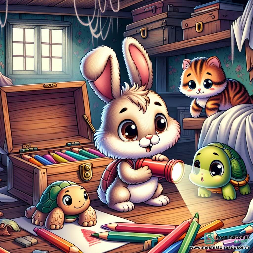 Illustration d'un petit lapin au pelage doux et soyeux, aux grandes oreilles, tenant une lampe de poche et scrutant une pièce sombre. À ses côtés, une tortue avec une carapace colorée examine un morceau de papier rouge, intriguée. Un chaton rayé, malicieux, est perché sur un bureau, observant avec un sourire. Le décor est un grenier poussiéreux avec des vieux meubles, des toiles d'araignées et une lumière tamisée. Les personnages enquêtent sur des crayons de couleur disparus, affichant surprise et joie. Des ombres douces et des éclats de lumière ajoutent du contraste à la scène.