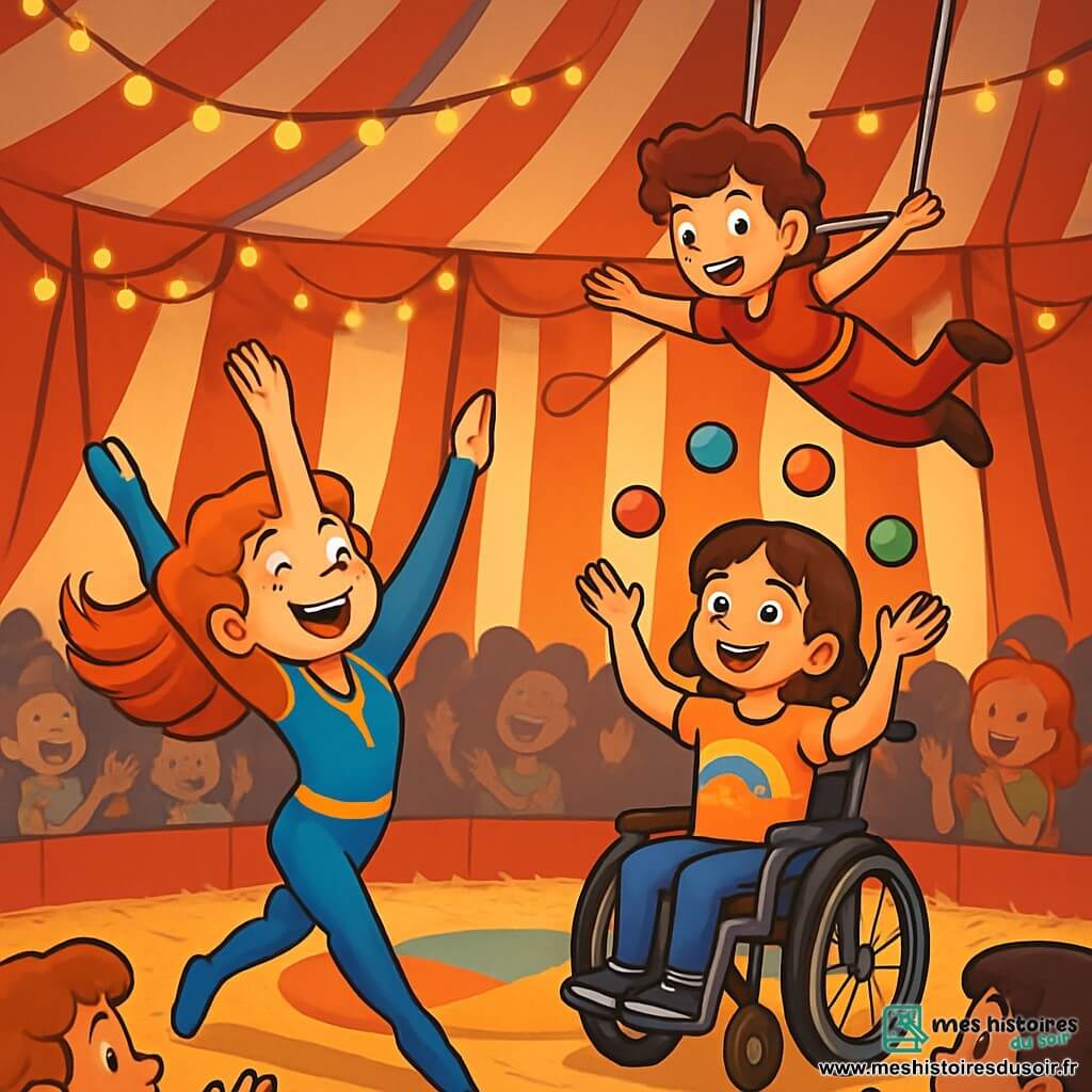 Trois personnages se distinguent : Clara, une fille de 10 ans aux cheveux roux, souriante et en costume d'acrobate bleu et or, réalise une pirouette. Zoé, une fille de 9 ans en fauteuil roulant, avec des cheveux bruns, jongle avec des balles multicolores, rayonnante. Marco, un garçon de 11 ans aux cheveux bouclés en costume d'acrobate rouge, effectue un saut d'un trapèze. La scène se déroule dans une grande tente de cirque à rayures rouges et blanches, décorée de guirlandes lumineuses, avec un sol en paille et des tapis colorés, entourée de spectateurs applaudissant. Clara exécute une acrobatie, tandis que Zoé jongle et Marco effectue un saut périlleux, créant une atmosphère joyeuse et festive.