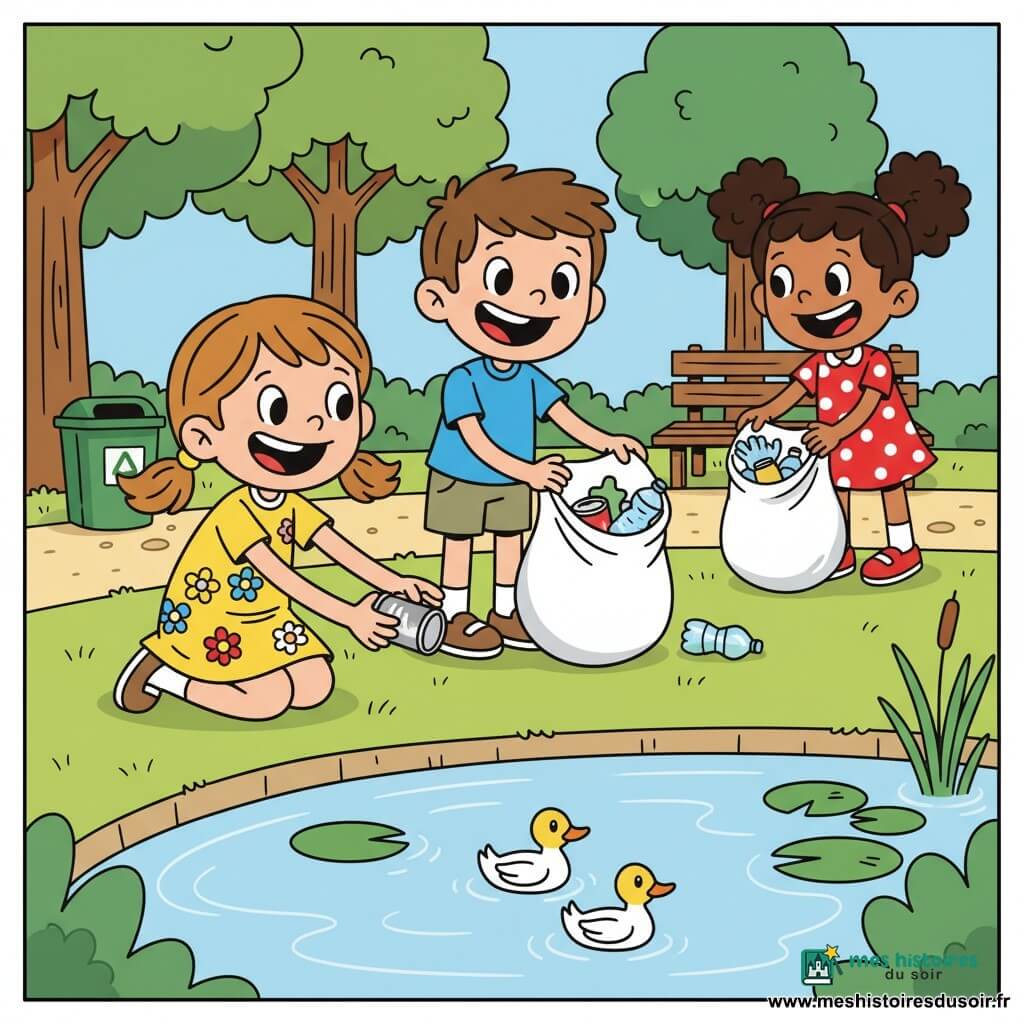 Trois enfants d'environ 4 ans nettoient un parc au bord d'un petit lac: une fille châtain clair en couettes et robe jaune ramasse une canette brillante, un garçon brun (Max) en tee-shirt bleu tient un sac poubelle blanc à moitié plein, et une fille aux cheveux bouclés noirs (Clara) en robe rouge à pois récupère un plastique près d'un banc; le lac est calme avec nénuphars et deux canards, autour pelouse, arbres stylisés, sentier, banc et poubelle; ambiance joyeuse, sacs remplis de déchets colorés, palette vive et style rubber hose.