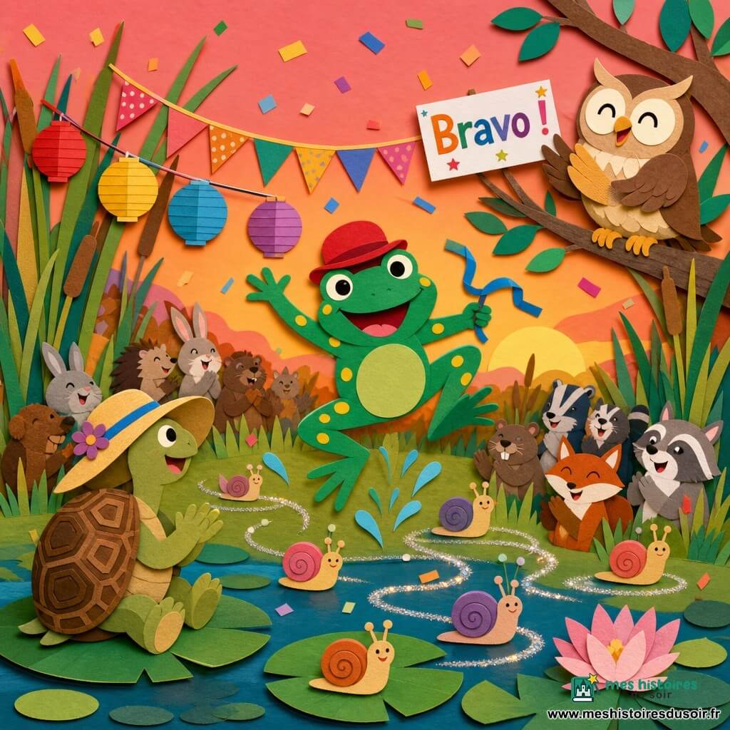 Léon, une grenouille vert émeraude à taches jaunes, ventre rond et grandes pattes, coiffée d’un chapeau melon rouge, sourit malicieusement en sautant joyeusement au-dessus de feuilles en éclaboussant et tenant un petit ruban bleu ; à gauche, Camille la tortue au dos brun à motifs géométriques, chapeau trop grand, sourit calmement assise sur un nénuphar en regardant Léon et applaudissant ; plusieurs petits escargots luisants ondulent en arrière-plan en traînées scintillantes autour de Léon ; une chouette animatrice beige et brune, perchée sur une branche à droite, applaudit en brandissant un panneau "Bravo !"; le tout se déroule dans un grand champ d’herbe au bord d’un étang à nénuphars, décoré de guirlandes et lampions, confettis et ciel de coucher de soleil orange et rose — fête villageoise animée où Léon exécute sa "danse des escargots sautillants", gestes exagérés, foule d’animaux riant et applaudissant, couleurs vives, contours nets et texture papier visible.