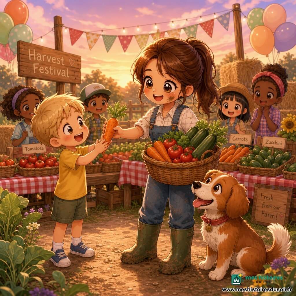 Femme agricultrice rayonnante en salopette en denim et bottes en caoutchouc, cheveux en queue de cheval, tient un grand panier d'osier rempli de carottes, tomates et courgettes et tend une carotte à un garçon d'environ 8 ans, blond, en t-shirt jaune, qui sourit à gauche d'elle ; un vieux chien roux tacheté est assis près de ses bottes; en arrière-plan une table en bois garnie de paniers de légumes et nappes à carreaux, guirlandes, ballons et ballots de paille; chemin de terre bordé de rangées de légumes et fleurs sauvages sous un ciel crépusculaire rose-orange, ambiance chaleureuse de fête des récoltes.