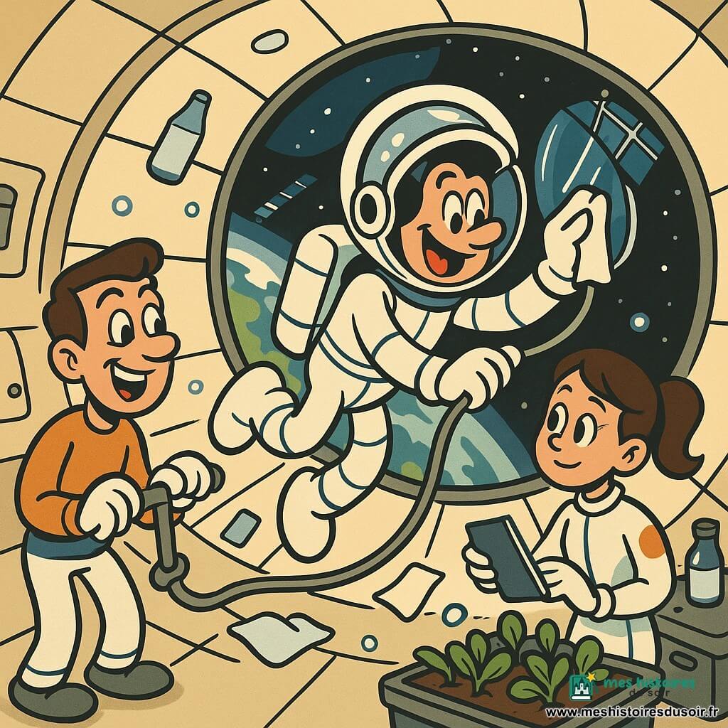 Paul, souriant et émerveillé, flotte en combinaison spatiale blanche aux coutures bleues, suspendu au câble de sécurité et nettoyant un grand hublot réfléchissant la Terre; derrière lui à gauche, Lucas (≈30 ans, cheveux courts bruns, visage rieur) tient la manette d’un bras robotique, à droite Emma (≈28 ans, queue de cheval, regard concentré) flotte près d’un petit jardin hydroponique en tenant un carnet; l’intérieur rond de la station aux cloisons crème, câbles et panneaux solaires visibles à l’extérieur, petites bulles et objets flottants, lumière solaire vive, couleurs vives (blancs, bleus, verts, touches d’orange) et contours souples dans un style rubber hose.