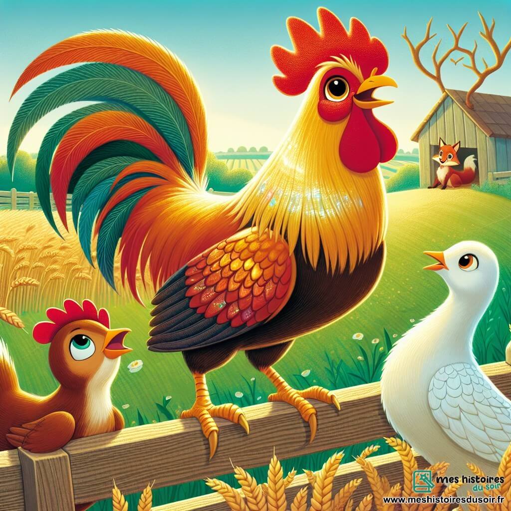 Un coq nommé Roger, avec un plumage doré et des yeux déterminés, se tient sur une barrière en bois, chantant « Cocorico ! » avec courage. À ses côtés, une poule nommée Margot, aux plumes brunes, l'encourage en levant une aile, tandis qu'une oie aux plumes blanches se tient en arrière-plan, prête à défendre la basse-cour. La scène se déroule dans un champ verdoyant, sous la lumière dorée du matin, avec des champs de blé et un ciel bleu parsemé de nuages. Roger et ses amis se préparent à affronter un renard rusé, créant une atmosphère de tension et de camaraderie pour protéger leur ferme.