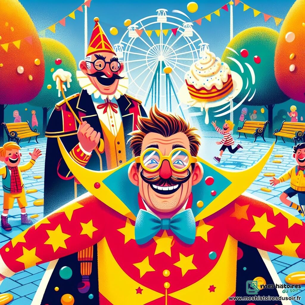 Bernard, un homme d'une cinquantaine d'années avec des lunettes rondes et une moustache en guidon, porte un costume de super-héros rouge vif orné d'étoiles jaunes et d'une cape à pois multicolores. Il a l'air maladroit et joyeux, flottant légèrement au-dessus du sol avec un grand sourire, prêt à faire rire les enfants. À côté de lui, le Baron de la Bêtise, un homme d'une quarantaine d'années avec un chapeau trop grand et des lunettes démesurées, rit aux éclats, couvert de crème après une tarte lancée par Bernard, et tient une tarte à la main. Le décor est le parc des Blagues, coloré avec des arbres en forme de bonbons, des bancs peints et une fontaine. Des enfants rient et jouent, créant une atmosphère joyeuse. La scène montre Bernard jonglant maladroitement avec des tartes à la crème, tandis que le Baron se prépare à en lancer une autre, générant un moment de bonheur et de rires.