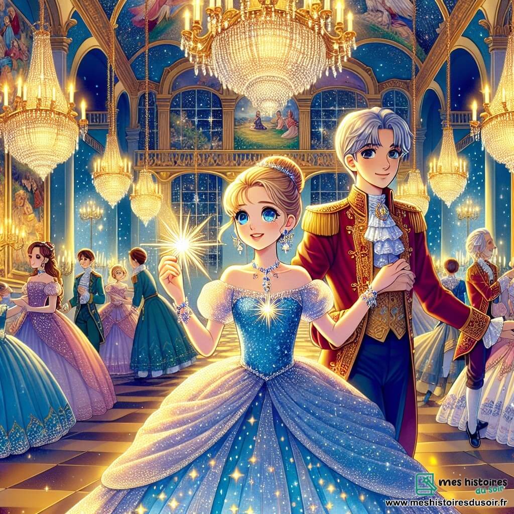 Cendrillon, une jeune fille d'environ 16 ans, se tient au centre de la scène dans une robe bleu ciel ornée de paillettes. Son visage exprime émerveillement et détermination, et elle porte un collier d'étoiles qui illumine son visage. À ses côtés, le prince, âgé d'environ 18 ans, en costume royal rouge, la regarde avec admiration. En arrière-plan, la marraine la fée, avec des cheveux argentés, lève sa baguette magique. Le décor est un palais somptueux avec des lustres en cristal et des fresques colorées, créant une atmosphère magique. Cendrillon et le prince dansent gracieusement, unis face à l'adversité qui menace leur royaume.