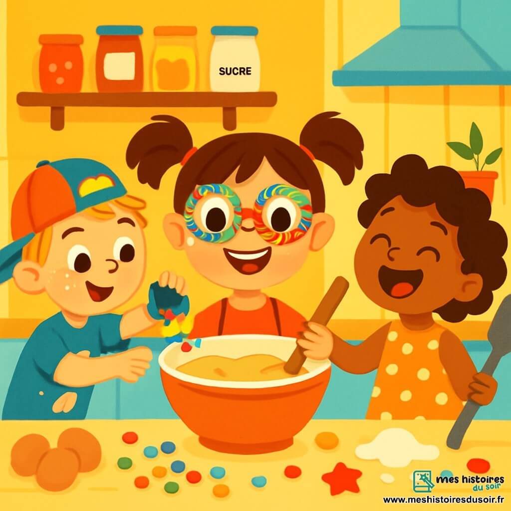 Trois personnages sont présents : Lucie, une fille de 6 ans avec des lunettes à paillettes, des cheveux bruns en couettes et un grand sourire, tenant un bol de pâte à gâteau ; Pablo, un garçon de 6 ans avec une casquette à l’envers et des taches de farine sur son t-shirt, versant des bonbons dans le bol de Lucie ; et Zoé, une fille de 6 ans avec des cheveux bouclés et une robe à pois, riant et tenant une spatule géante. La scène se déroule dans une cuisine lumineuse aux murs jaunes, remplie d'ingrédients éparpillés. Les amis s'amusent à créer un gâteau drôle, avec de la farine et des bonbons volants, dans une ambiance joyeuse.