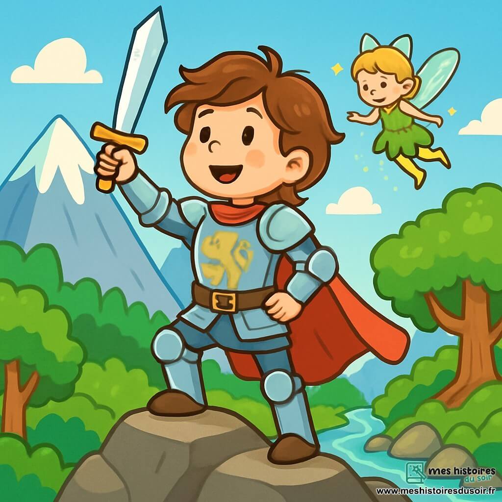 Un jeune chevalier nommé Arthur, âgé d'environ 12 ans, se tient sur un sommet de montagne, vêtu d'une armure brillante ornée de motifs de lions dorés. Son visage montre détermination et émerveillement, et il brandit une épée étincelante. À ses côtés, une fée des bois, petite créature lumineuse d'environ 8 ans avec des ailes scintillantes, vole autour de lui en souriant. Le décor est majestueux avec des montagnes escarpées et une forêt dense en contrebas, tandis qu'une rivière tumultueuse serpente entre les rochers. Arthur est prêt à affronter le dragon de la montagne, son cœur battant d'excitation alors qu'il se prépare à entrer dans la grotte où se cache un trésor ancien.