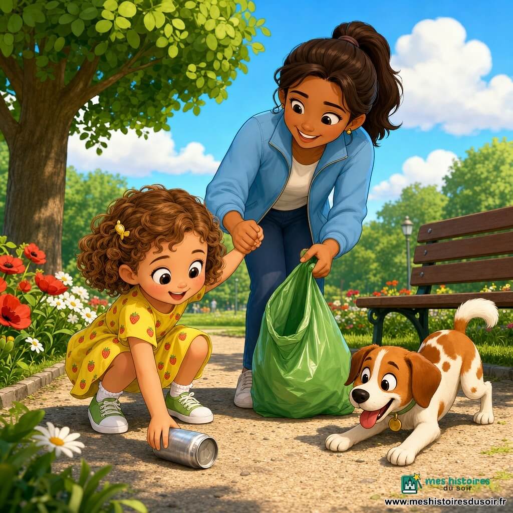 Une fillette de 4 ans, joyeuse et déterminée, cheveux châtain clair en petites boucles, robe jaune à motifs fraise, chaussettes blanches et petites baskets vertes, s'accroupit pour ramasser une canette argentée qu'elle pose dans un sac poubelle vert tenu par sa mère d'environ 32 ans, cheveux bruns en queue de cheval, veste bleu ciel, qui sourit fièrement derrière elle ; un petit chien mâle roux tacheté de blanc remue la queue près d'un banc en bois à droite, le tout dans un parc ensoleillé du matin avec pelouse verte, grand arbre à gauche, massifs de coquelicots et pâquerettes, allée de gravier clair, lumière chaude et ambiance propre et optimiste.