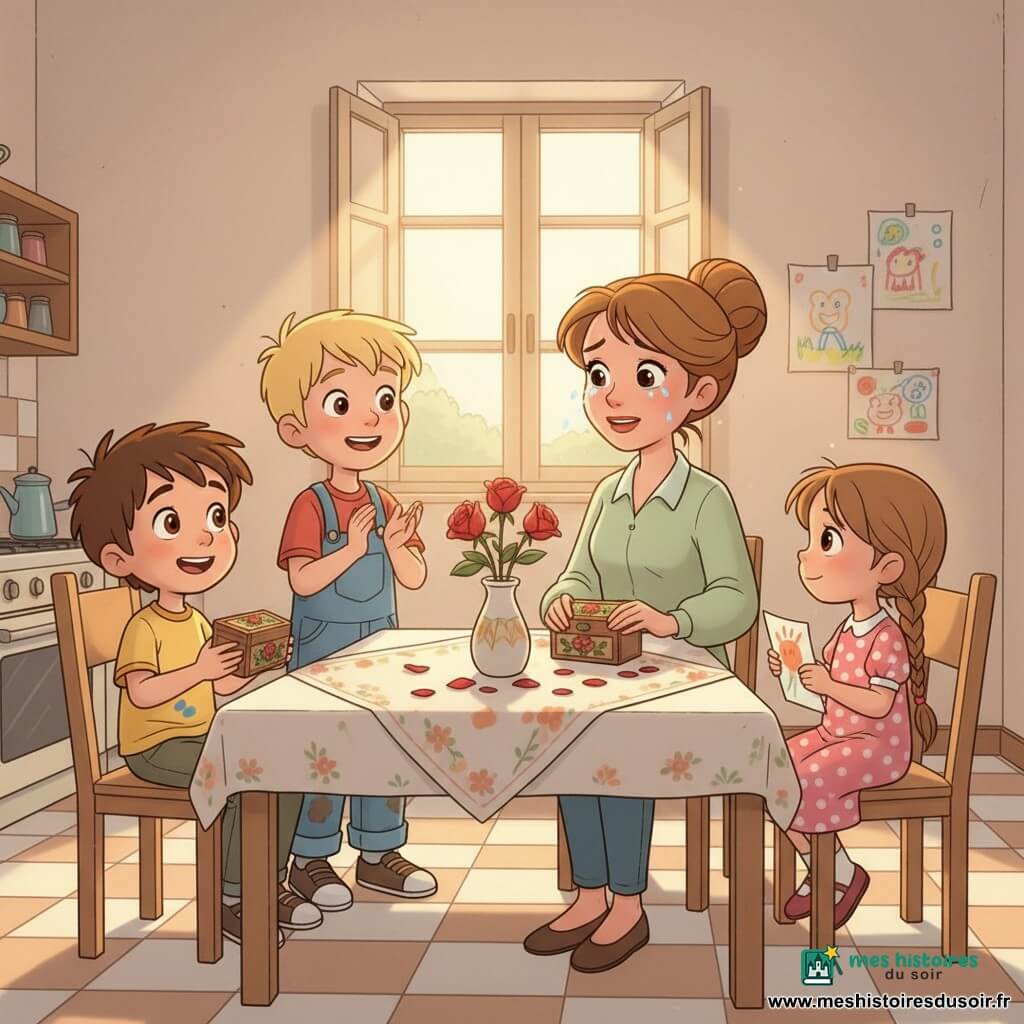 Quatre personnages dans une cuisine lumineuse de village : Hugo, presque 6 ans, cheveux bruns en bataille, t-shirt jaune avec une tache de peinture, tient une petite boîte en bois décorée de fleurs à gauche de la table en souriant vers sa maman ; Max, 6 ans, cheveux blonds courts en salopette bleue avec taches de boue aux genoux, se tient derrière Hugo en applaudissant ; Léa, 6 ans, cheveux longs tressés, robe rose à pois blancs, à droite de Hugo, tient un dessin coloré et regarde la maman avec fierté ; la maman, 30–35 ans, cheveux châtain clair en chignon, chemisier vert pâle, est assise au centre, mains sur la boîte, visage ému avec larmes de joie. Décor : murs crème, carrelage clair, table en bois clair nappée de fleurs, vase simple avec quelques roses et pétales éparpillés, rayon de soleil par une fenêtre ouverte, dessins d’enfants au mur. Situation : les enfants offrent au petit‑déjeuner une boîte remplie de petits cadeaux et de fleurs ; ambiance chaleureuse et joyeuse, expressions exagérées et couleurs saturées façon dessin animé des années 90.
