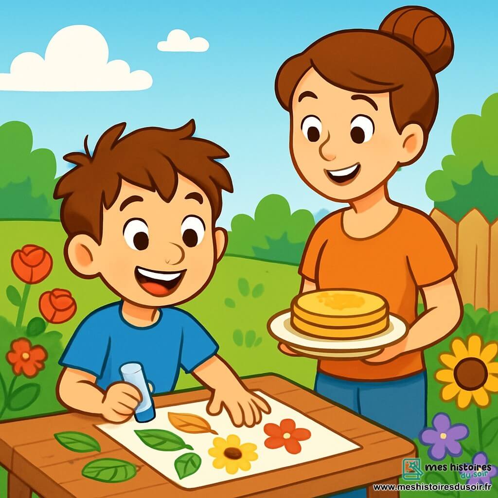 Un garçon de 8 ans, Hugo, avec des cheveux bruns en bataille et des yeux pétillants, est assis à une table en bois dans son jardin ensoleillé. Il porte un t-shirt bleu et un short jaune, collant des feuilles et des fleurs colorées sur une grande feuille blanche, avec un grand sourire. Sa maman, une femme d'une trentaine d'années avec des cheveux châtains en chignon, l'observe avec fierté, tenant une assiette de crêpes. Le jardin est verdoyant, rempli de fleurs aux couleurs vives, sous un ciel bleu clair avec quelques nuages. Hugo crée une œuvre d'art avec des éléments naturels, tandis que sa maman l'encourage, créant une atmosphère joyeuse.
