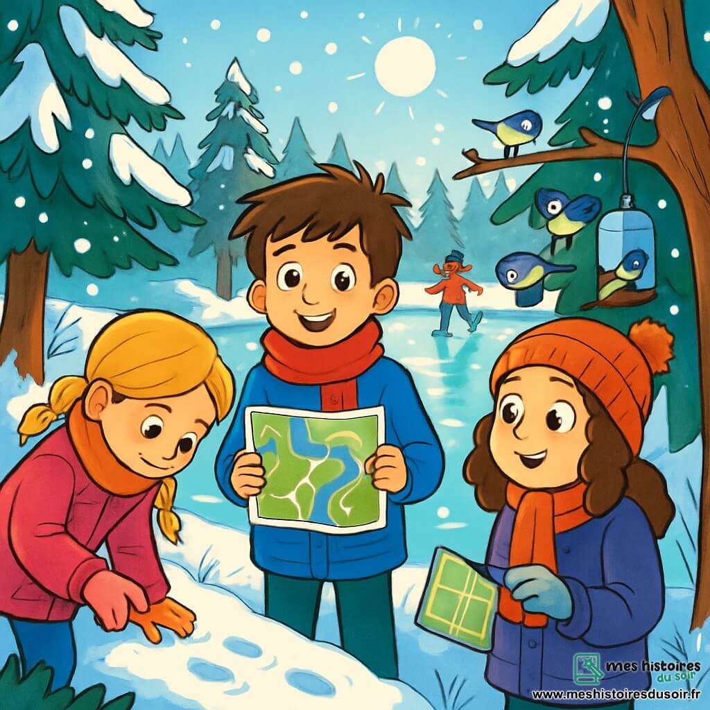 Trois personnages sont présents : Lucas, un garçon de 10 ans avec des cheveux bruns en bataille, un manteau bleu vif et une écharpe rouge, souriant au centre avec une carte du parc ; Clara, une fille de 9 ans aux cheveux blonds tressés, vêtue d'un manteau rose et de gants blancs, penchée à gauche pour examiner des empreintes dans la neige ; et Emma, une fille de 10 ans avec des cheveux châtains bouclés, un manteau violet et un bonnet à pompon, observant des mésanges autour d'une mangeoire improvisée à droite. L'étang gelé est au cœur d'une forêt d’Épicéa, entouré de grands arbres chargés de neige. Les enfants patinent joyeusement sur la glace, laissant des traces, tandis que des oiseaux colorés volent autour, créant une scène hivernale magique.