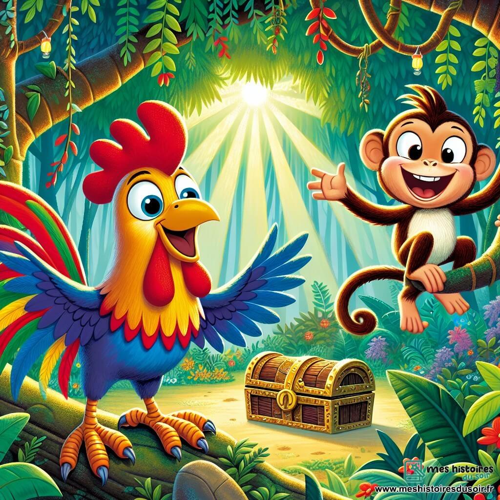 Un coq coloré nommé Frisket, avec un plumage éclatant, se tient sur un tronc d'arbre, les ailes légèrement déployées et un sourire sur le visage, exprimant sa curiosité. À ses côtés, Félix, un singe espiègle, se balance sur une liane, riant et pointant vers un coffre ancien caché dans les feuillages. En arrière-plan, une jungle luxuriante s'étend, avec des arbres majestueux et des rayons de soleil filtrant à travers le feuillage, créant une atmosphère magique. La scène capture le moment où Frisket et Félix découvrent le coffre mystérieux, prêts à explorer les trésors cachés de la jungle.