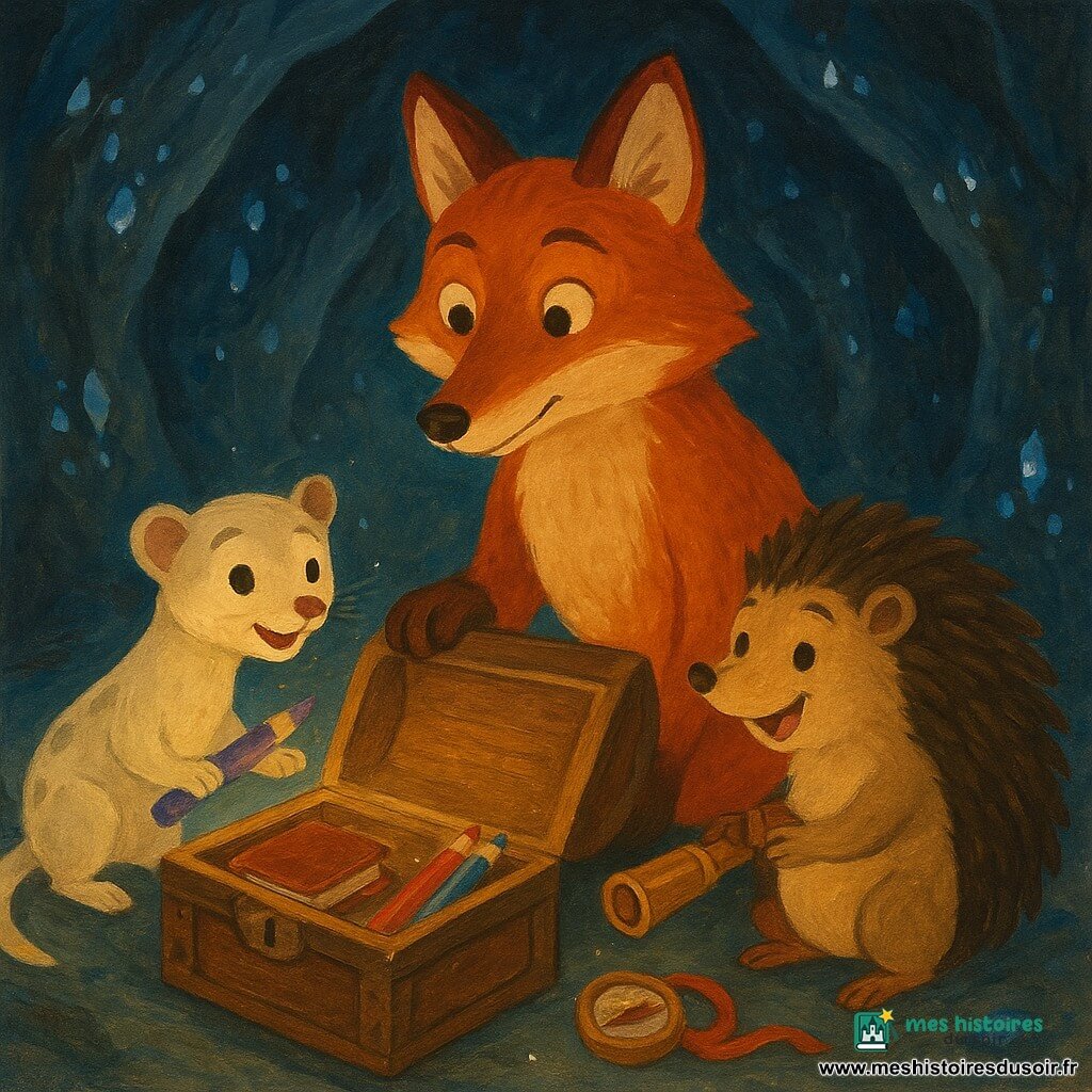 Silex, un renard anthropomorphe au pelage roux aux reflets ocres, museau fin et yeux noisette, pose une patte sur un coffre ancien qu'il ouvre doucement ; à sa gauche, Miette la belette crème tachée de gris, petite et vive, sourit en tenant un crayon violet sorti du coffre ; à sa droite, Brindille le hérisson rond aux piquants bruns, ventre clair et air joyeux, tient une longue-vue en cuivre et regarde les objets ; la scène se situe dans une grotte aux parois couvertes de minuscules cristaux bleus et argentés scintillants, sol en pierre lisse, lumière dorée émanant du coffre avec poussières lumineuses en suspension, révélant des objets simples et colorés (carnet de cuir, crayons, rubans, boussole) dans une atmosphère de découverte douce et collaborative, palette chaude, contrastes doux et textures de gouache visibles.