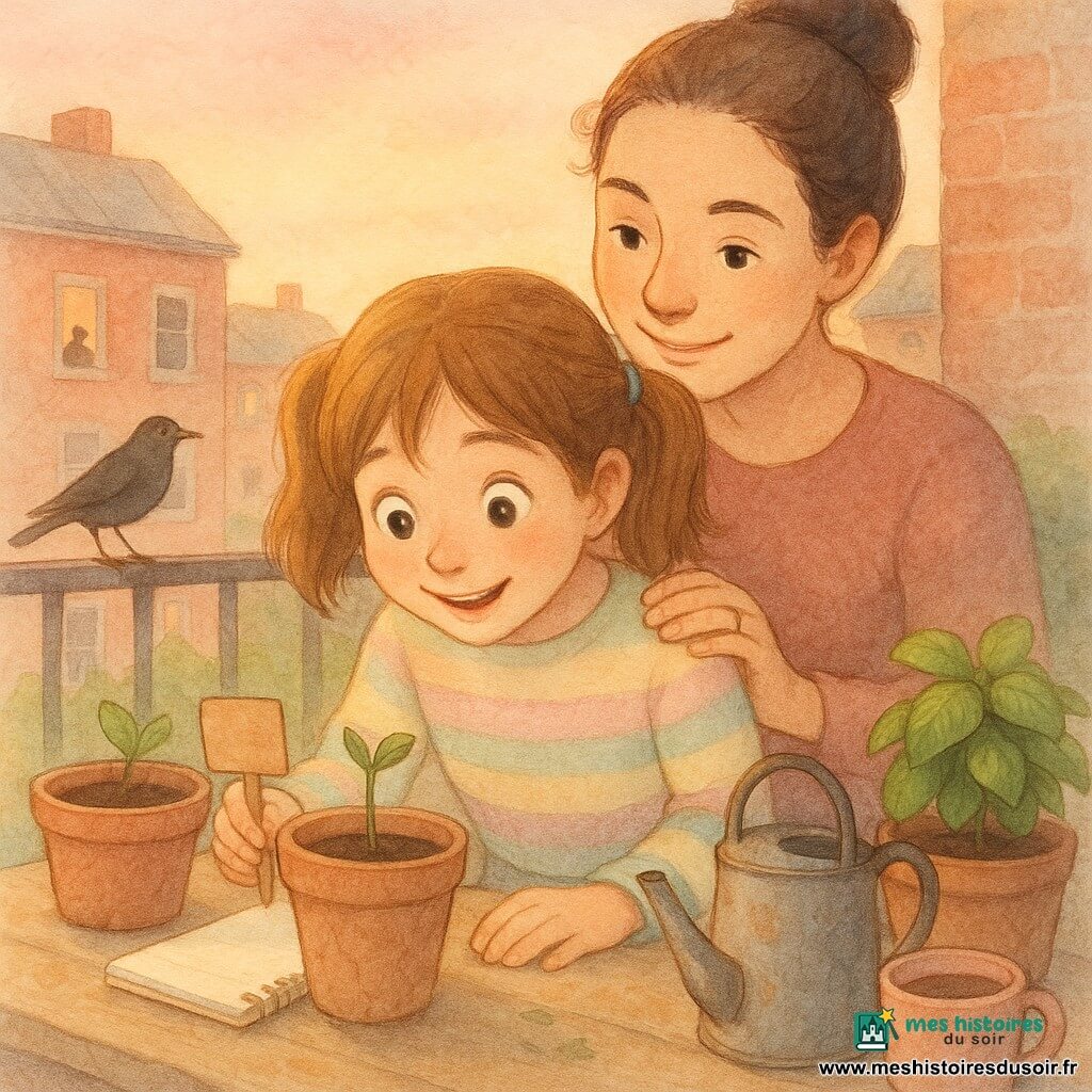 Une fillette de 8 ans, émerveillée, cheveux châtain clair en couettes, pull rayé et jean, se penche sur un petit pot en terre avec une fine tige à deux feuilles, tenant un panneau « Bonjour, les graines » et un carnet à spirale à côté ; sa mère d'environ 35 ans, souriante, cheveux bruns en chignon, se tient derrière elle la main sur l'épaule, sur le balcon trois pots en terre craquelée, terre sombre et humide, un petit pot de basilic, un arrosoir en métal rouillé et une tasse de chocolat sur une table basse ; arrière-plan urbain d'immeubles en briques et toits gris, une fenêtre ouverte, un merle sur la rambarde et la lumière rose-orangée d'un lever de soleil ; ambiance aquarelle aux couleurs douces, lavis pastel, textures papier granuleuses, ombres légères et atmosphère calme, composition centrée sur la fille et la pousse.