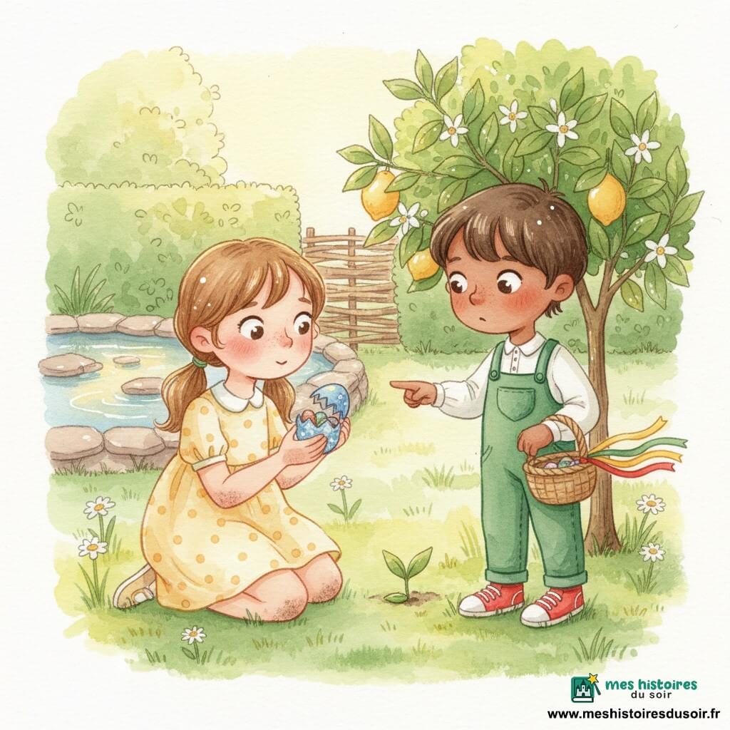 Deux enfants de cinq ans dans un jardin de printemps lumineux : à gauche une fillette aux couettes châtain clair en robe jaune pâle à pois blancs, accroupie, genoux un peu terreux, tenant un petit œuf bleu étoilé ouvert avec émerveillement et montrant des mini-œufs en chocolat ; à droite un garçon aux cheveux bruns courts en salopette verte et baskets rouges, tenant un panier décoré de trois rubans (jaune, vert, rouge) et pointant une graine plantée au pied d’un citronnier à petites feuilles brillantes et fleurs blanches ; herbe parsemée de pâquerettes, bassin aux pierres plates en arrière-plan, haie formant un passage, lumière dorée, ombres douces, palette pastel, ambiance d’émerveillement et de partage, gestes tendres et regards complices, rubans flottant au vent.